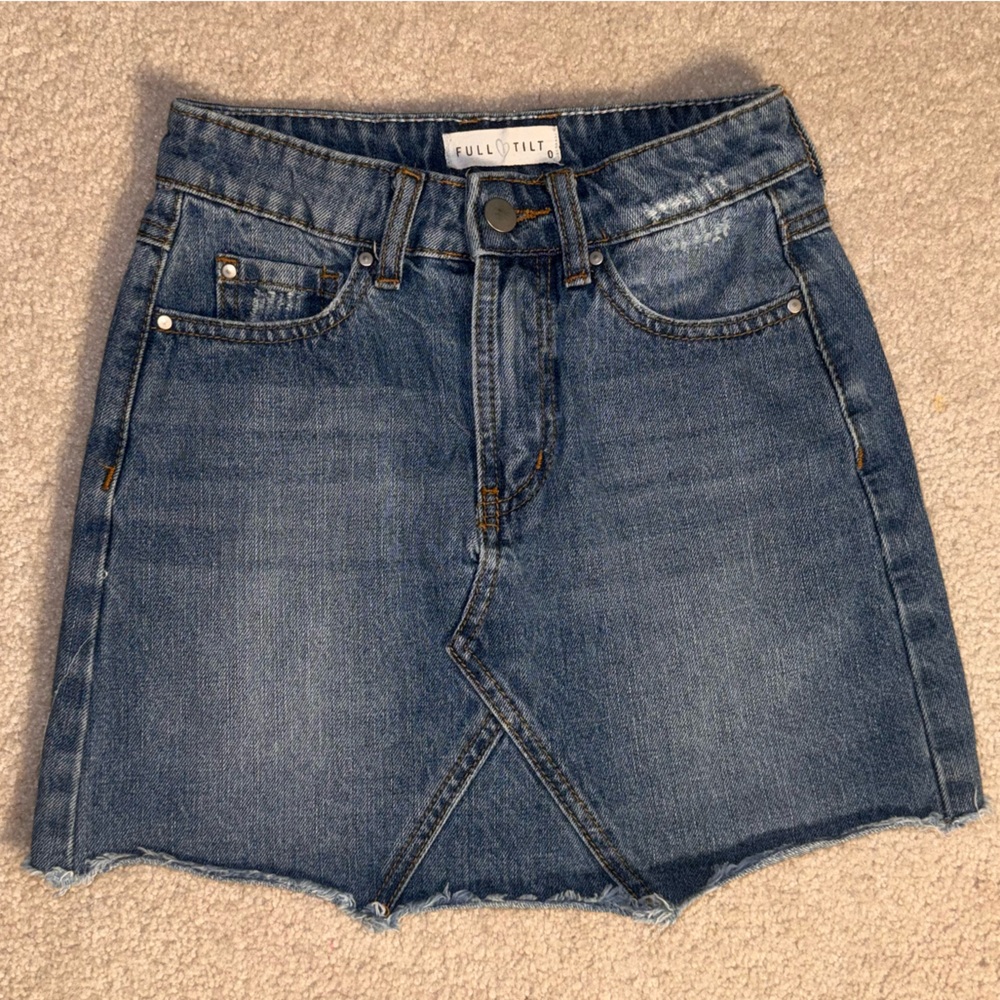 Tilly’s — Full Tilt Blue Jean Denim Distressed Frayed Hem Mini Skirt